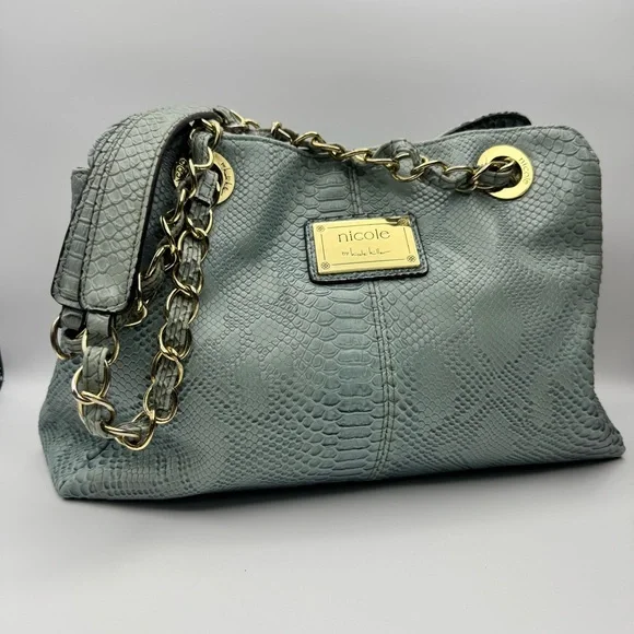 Nicole Miller Faux Leather Snakeskin Slouch Bag Chain Strap Teal - Picture 13 of 15